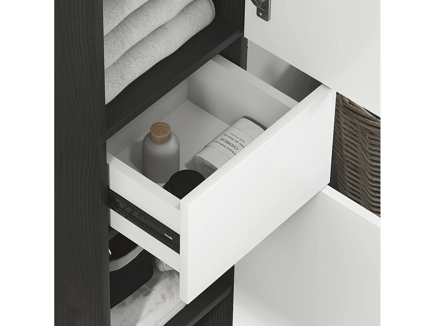 Colonna bagno con 2 armadietti e cassetto in legno 30x28x180 cm nero