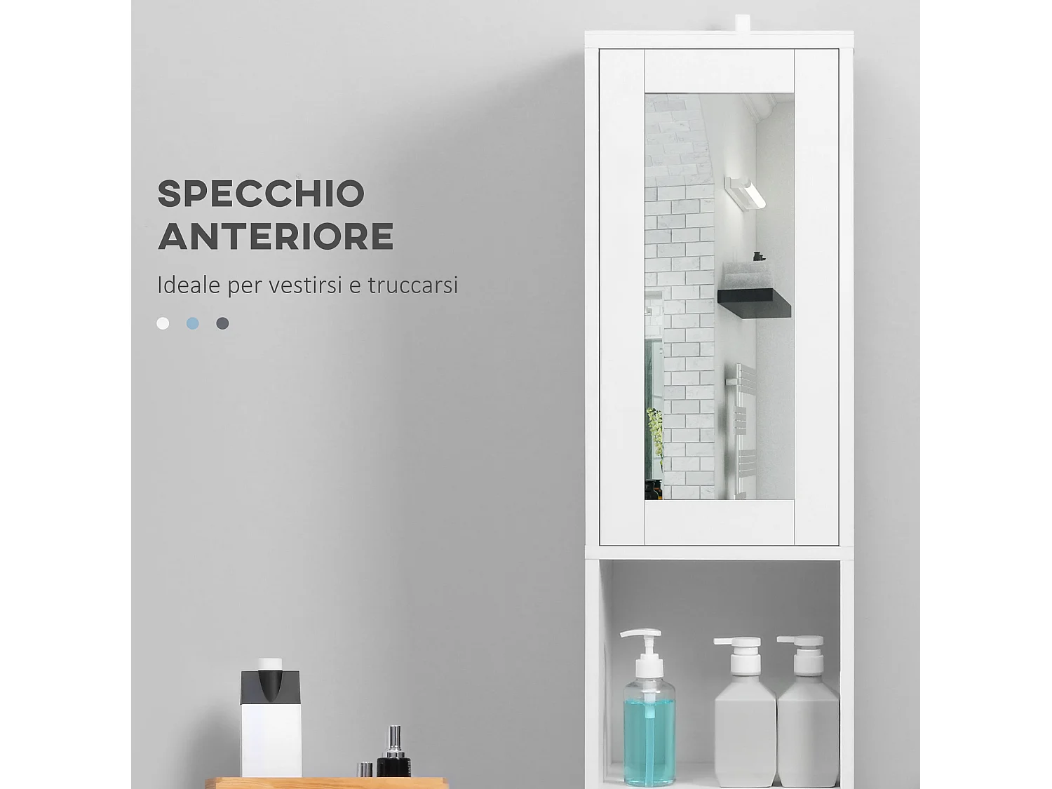 Colonna bagno salvaspazio in legno con specchio bianco