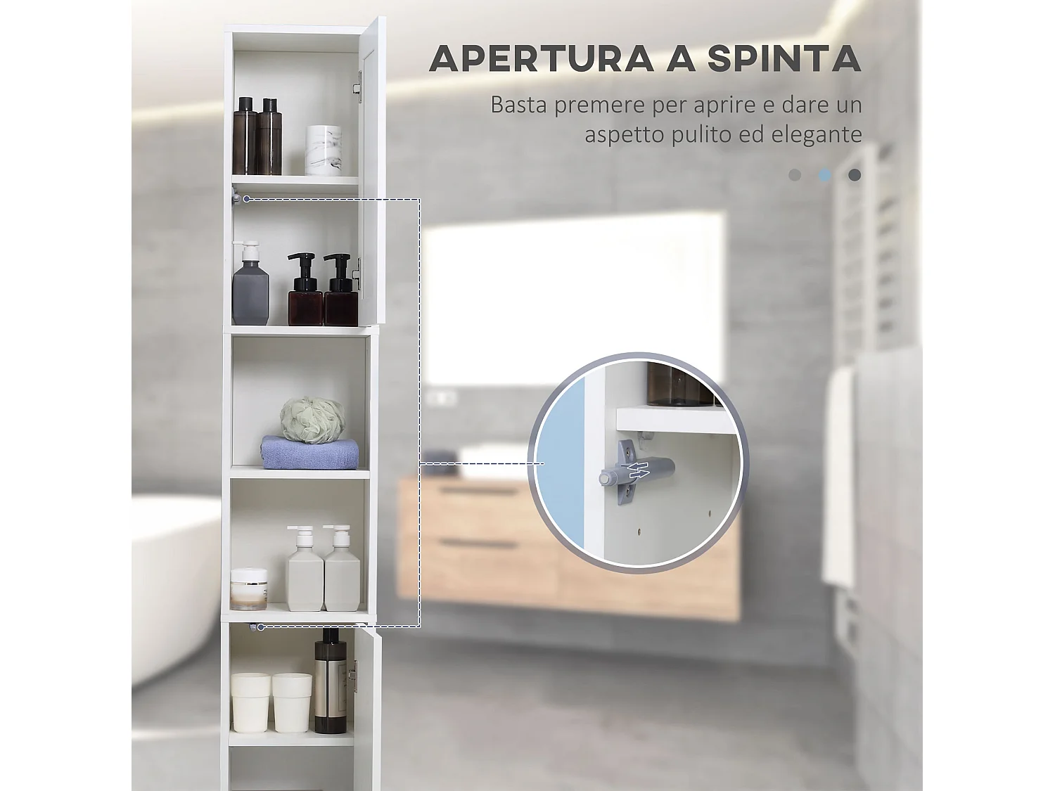 Colonna bagno salvaspazio in legno con specchio bianco