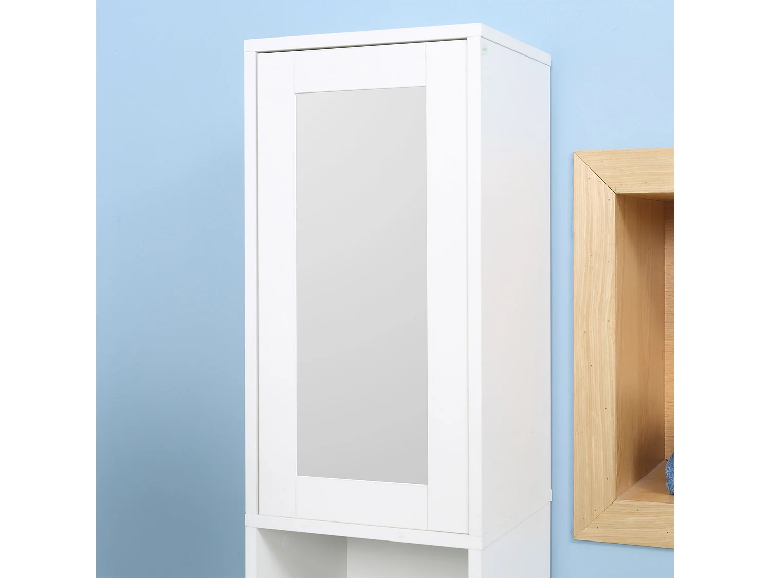 Colonna bagno salvaspazio in legno con specchio bianco