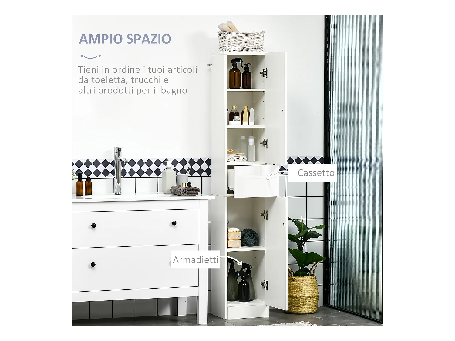Colonna bagno con 2 armadietti e cassetto bianco lucido