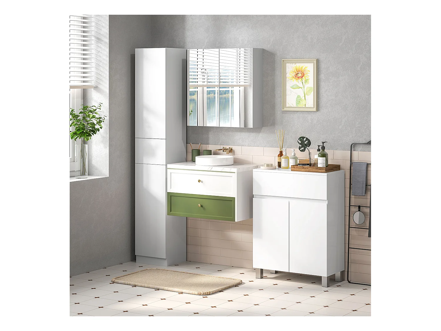 Colonna bagno con 2 armadietti e cassetto bianco lucido