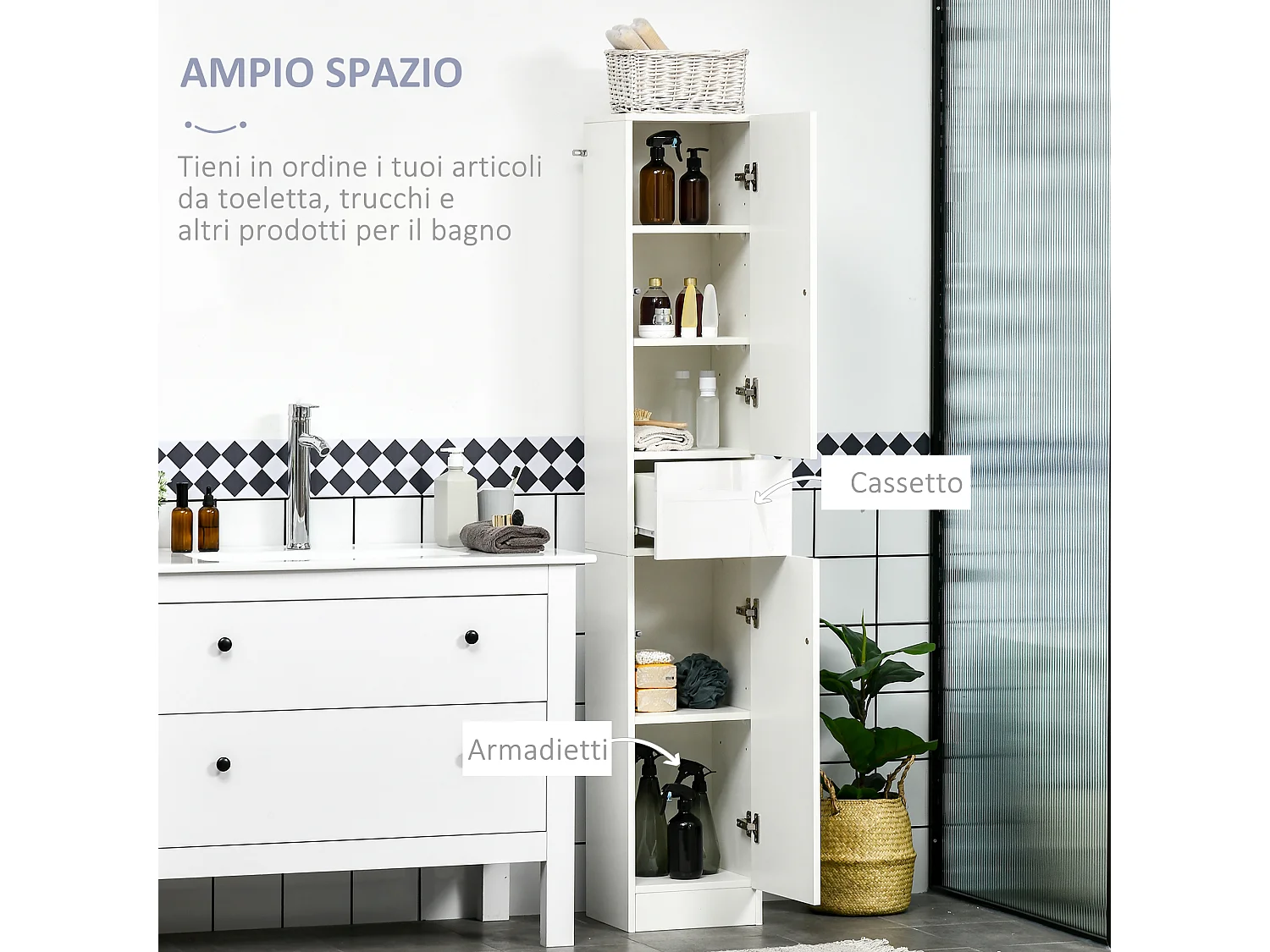 Colonna bagno con 2 armadietti e cassetto bianco lucido