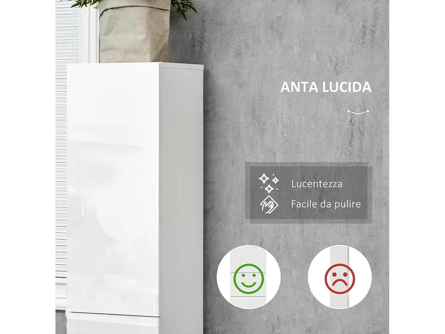 Colonna bagno con 2 armadietti e cassetto bianco lucido