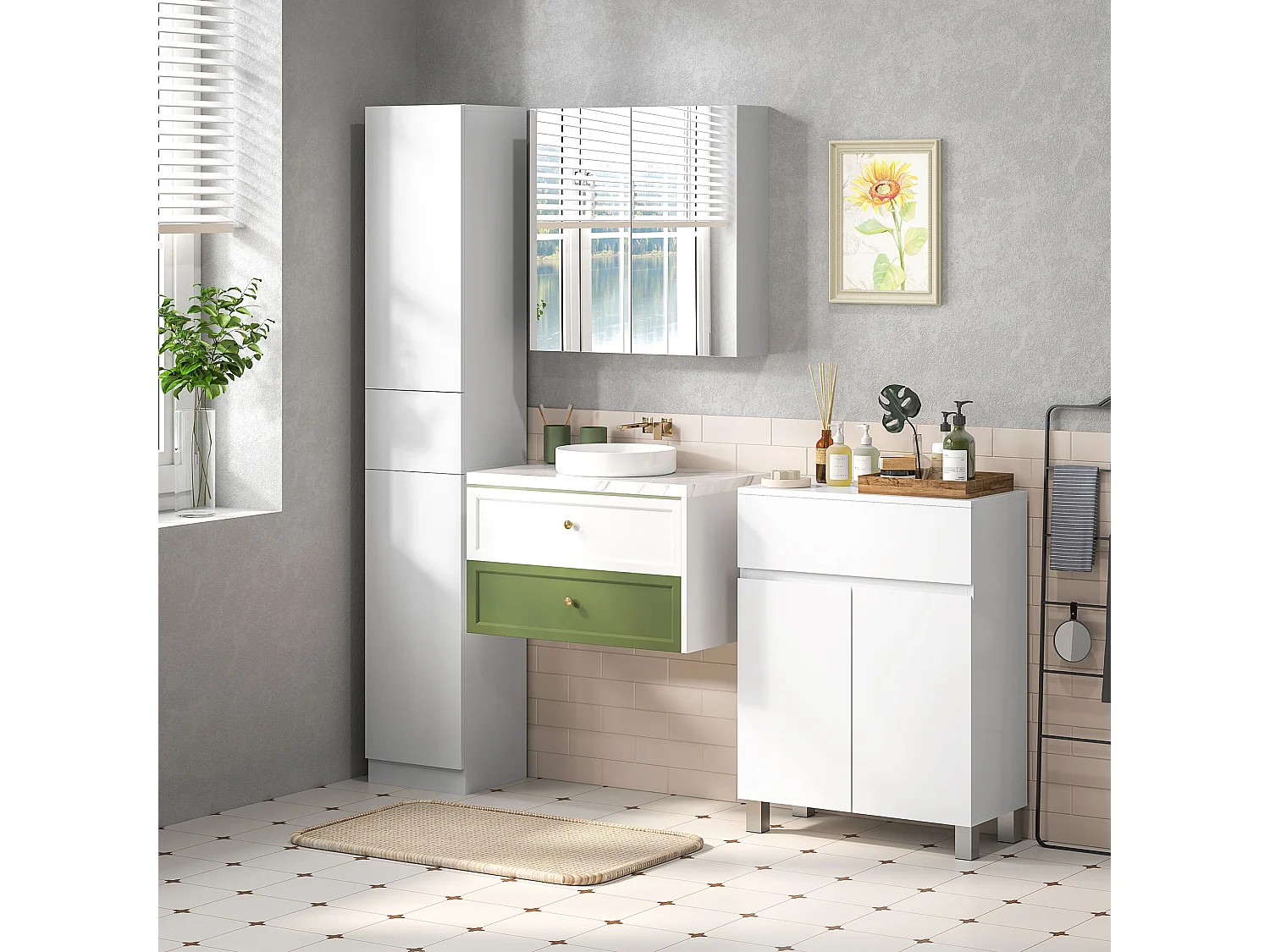 Colonna bagno con 2 armadietti e cassetto bianco lucido