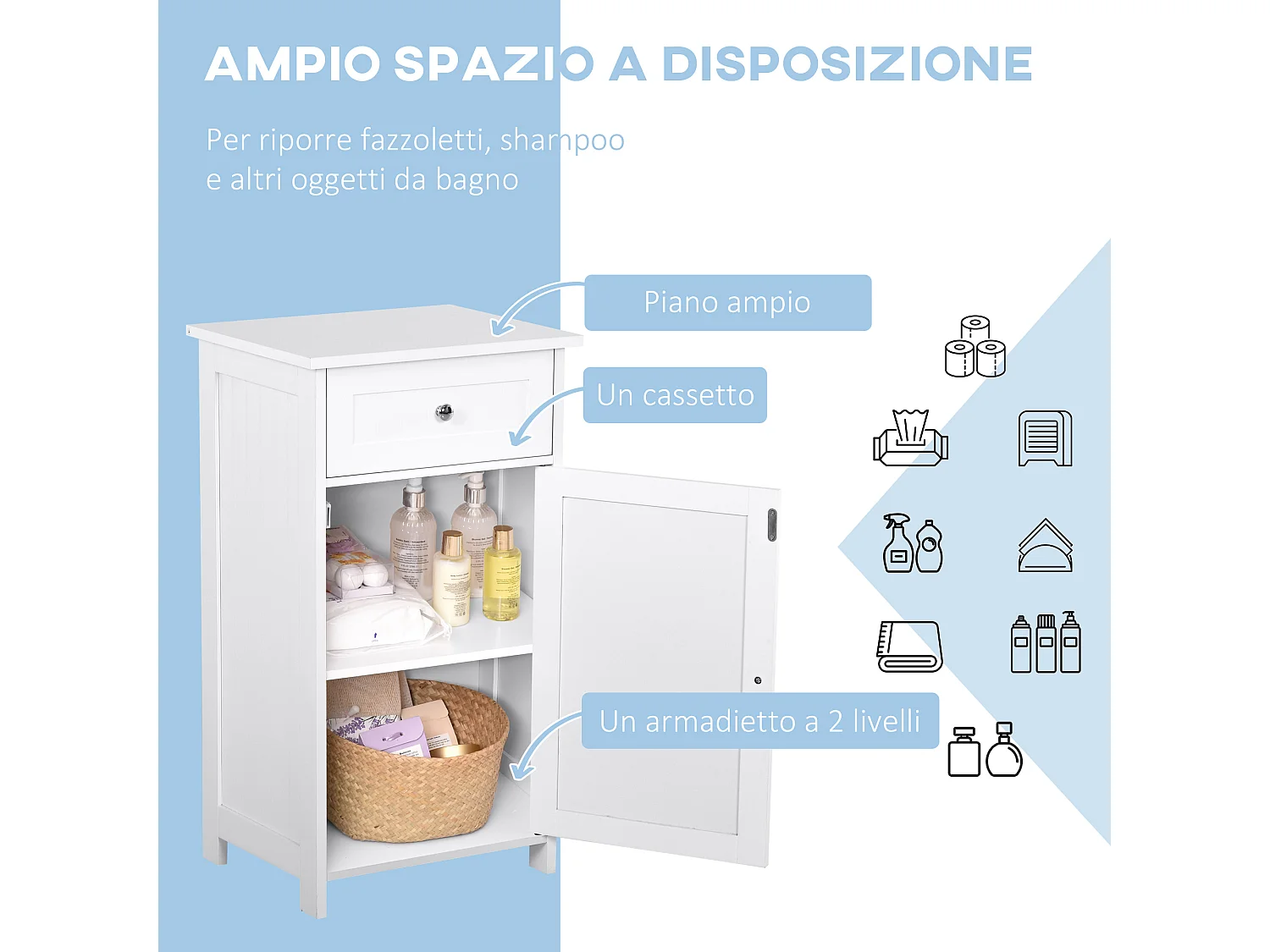 Mobiletto armadietto anti-ribaltamento da bagno in mdf bianco