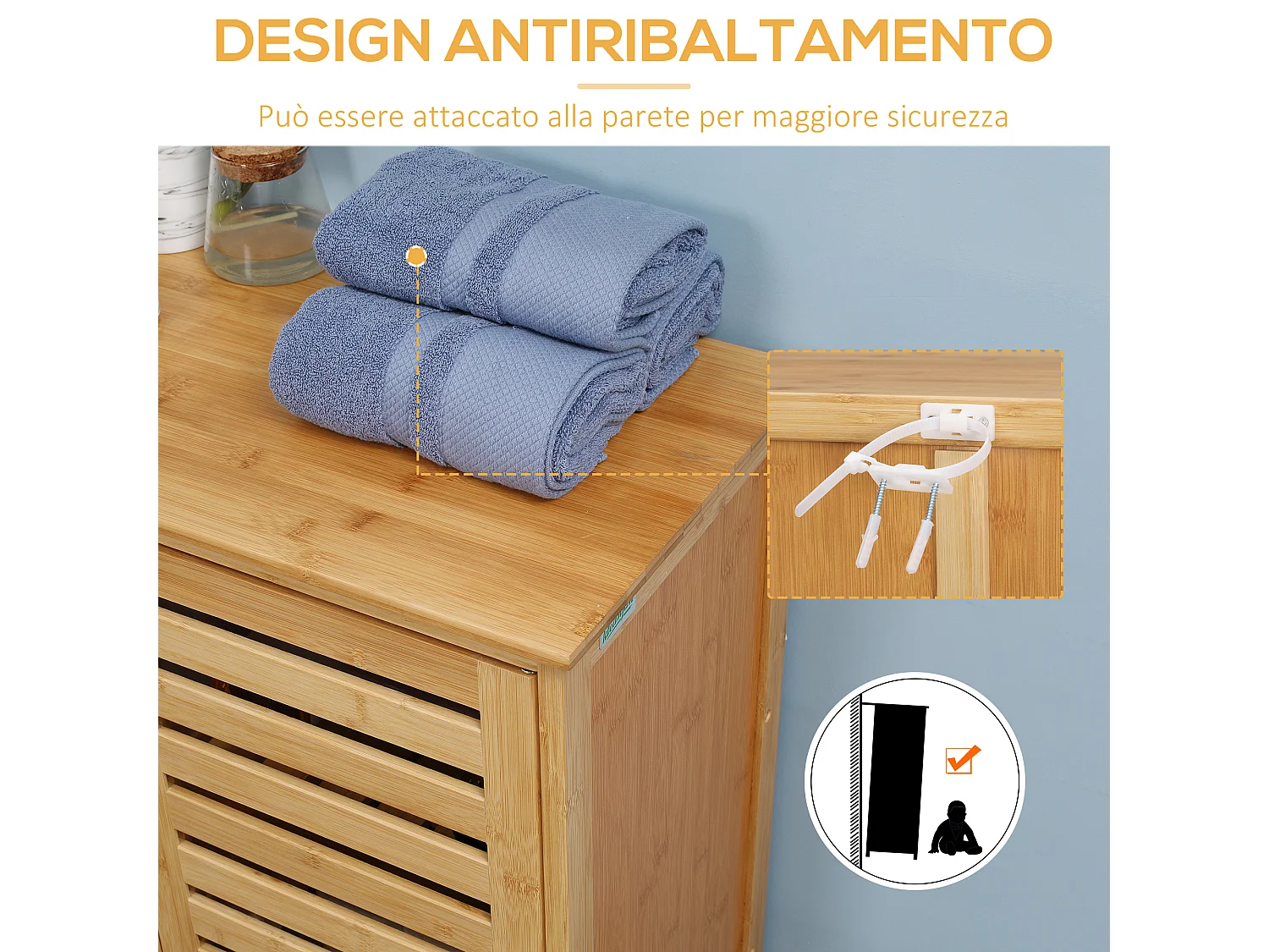 Mobile bagno salvaspazio a 2 ante con 2 ripiani in bambù