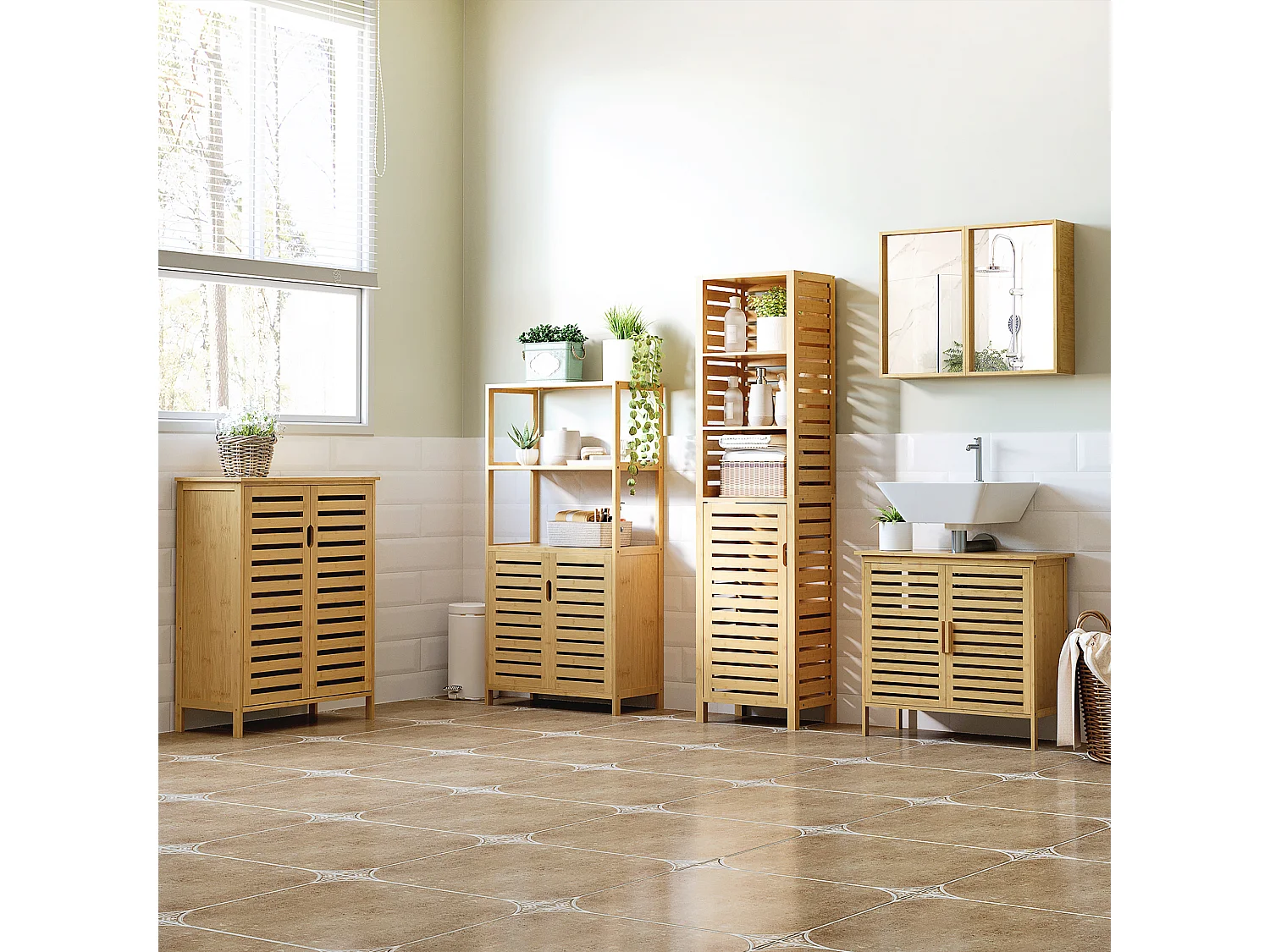 Mobile bagno salvaspazio a 2 ante con 2 ripiani in bambù