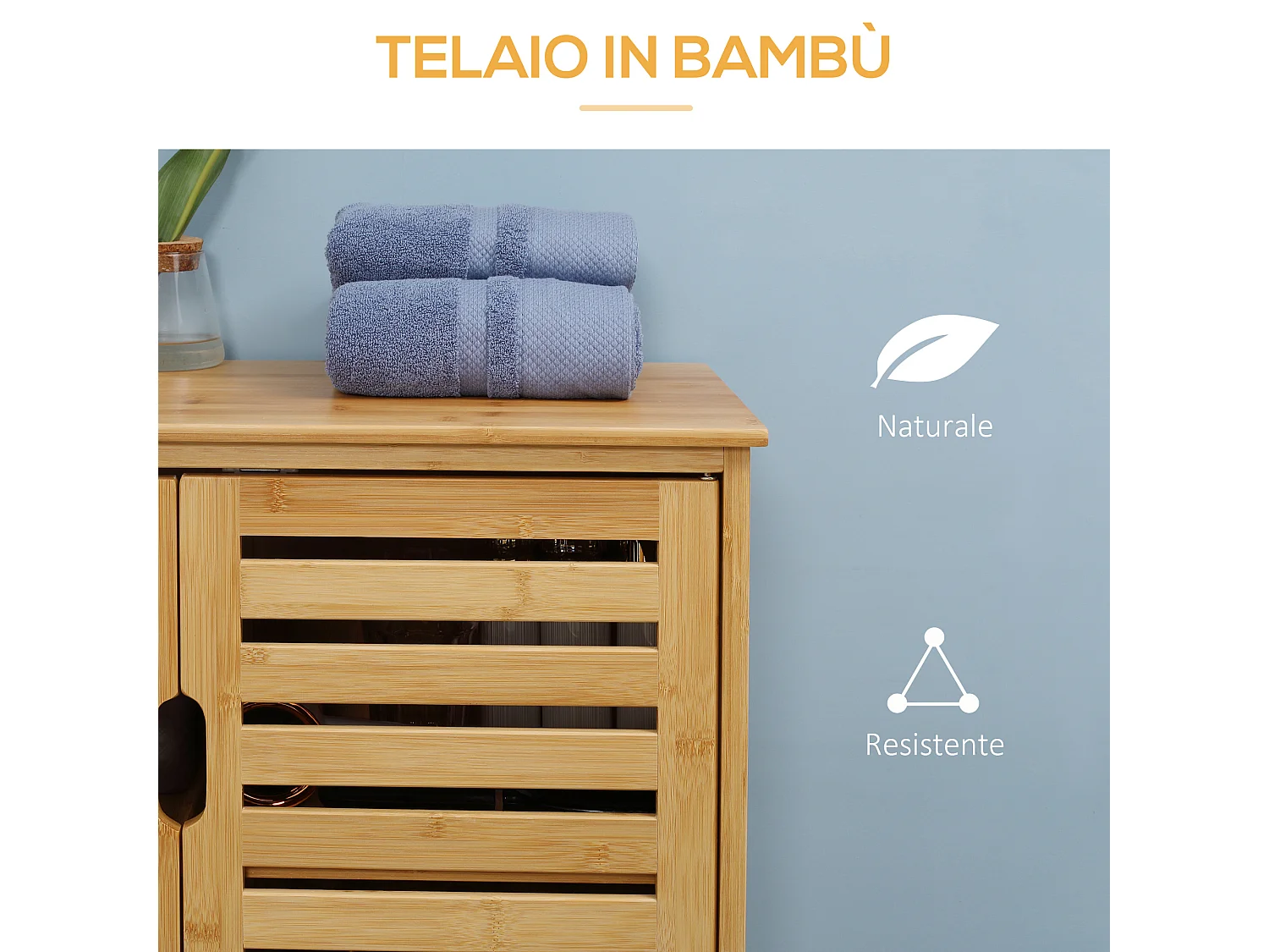 Mobile bagno salvaspazio a 2 ante con 2 ripiani in bambù