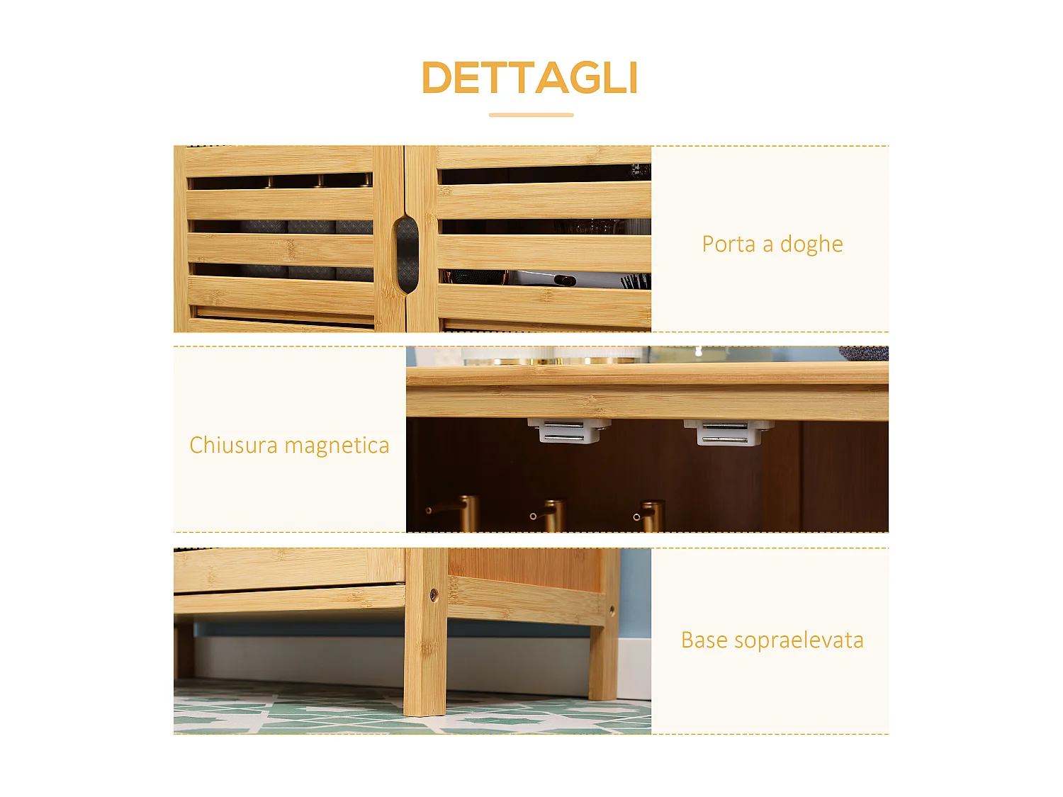 Mobile bagno salvaspazio a 2 ante con 2 ripiani in bambù