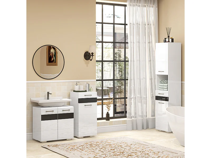 Colonna bagno con ripiano aperto armadietto e cassetto bianco