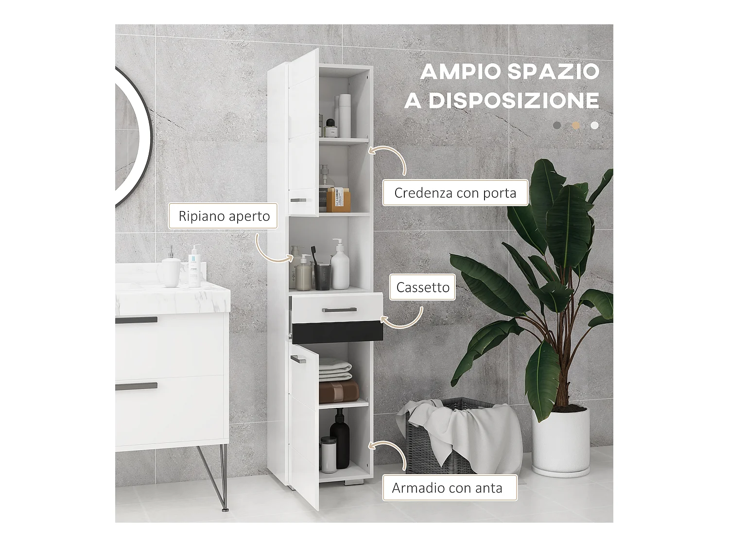 Colonna bagno con ripiano aperto armadietto e cassetto bianco