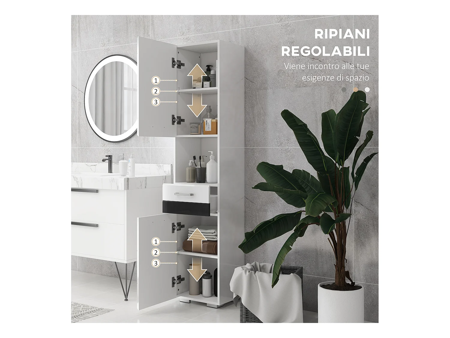Colonna bagno con ripiano aperto armadietto e cassetto bianco
