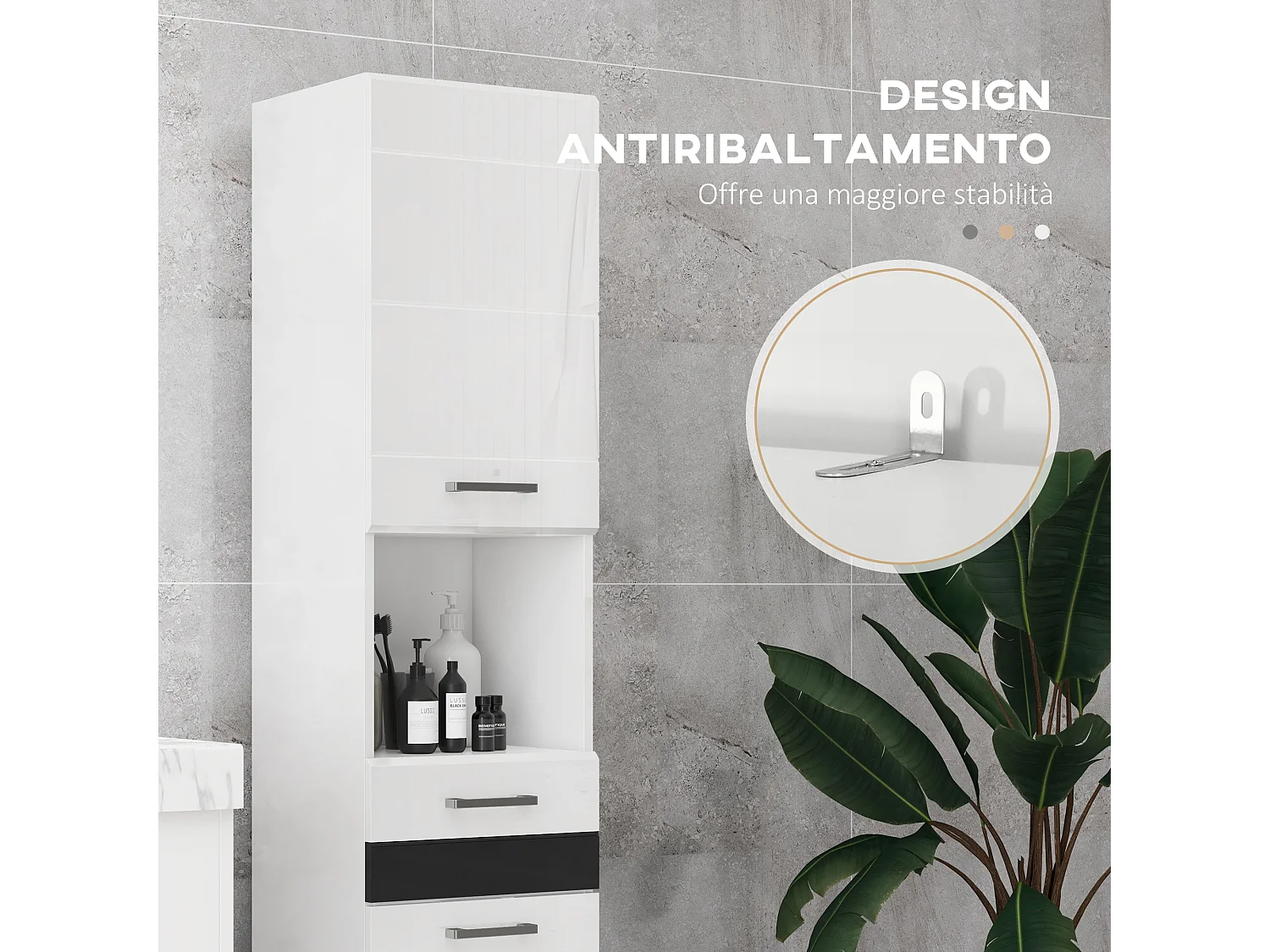 Colonna bagno con ripiano aperto armadietto e cassetto bianco