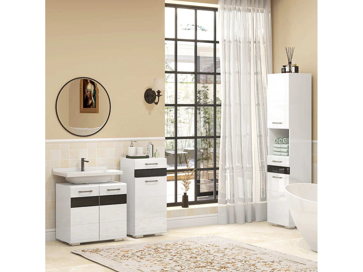 Colonna bagno con ripiano aperto armadietto e cassetto bianco