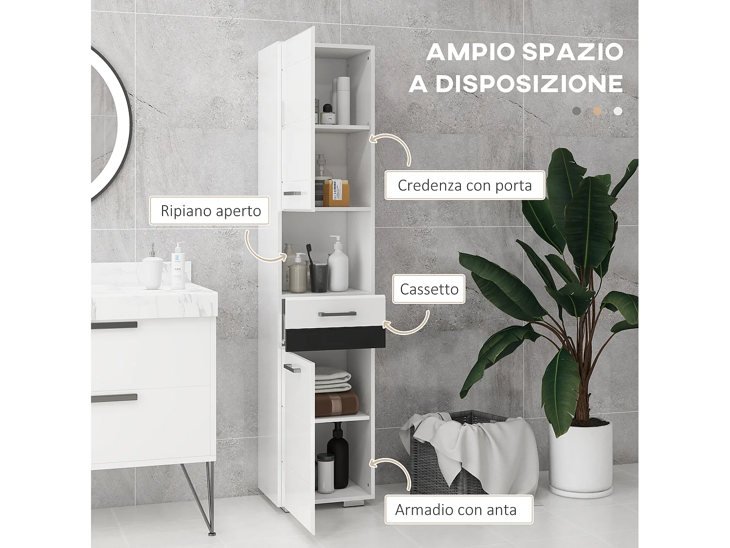 Colonna bagno con ripiano aperto armadietto e cassetto bianco