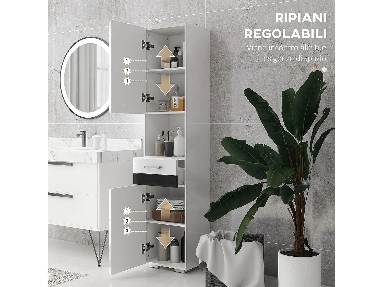 Colonna bagno con ripiano aperto armadietto e cassetto bianco