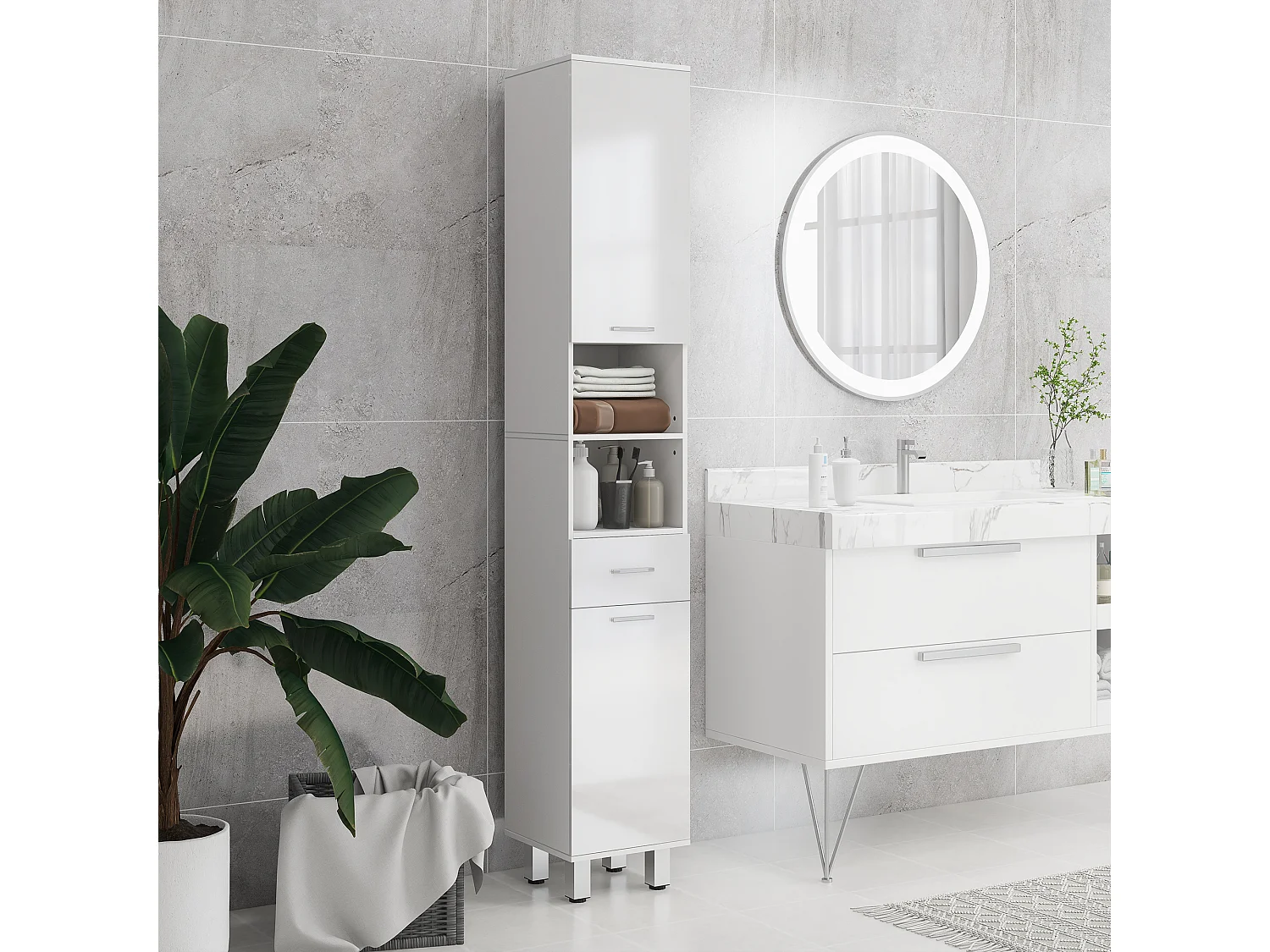 Mobile colonna bagno con cassetto, 2 ripiani e 2 armadietti bianco