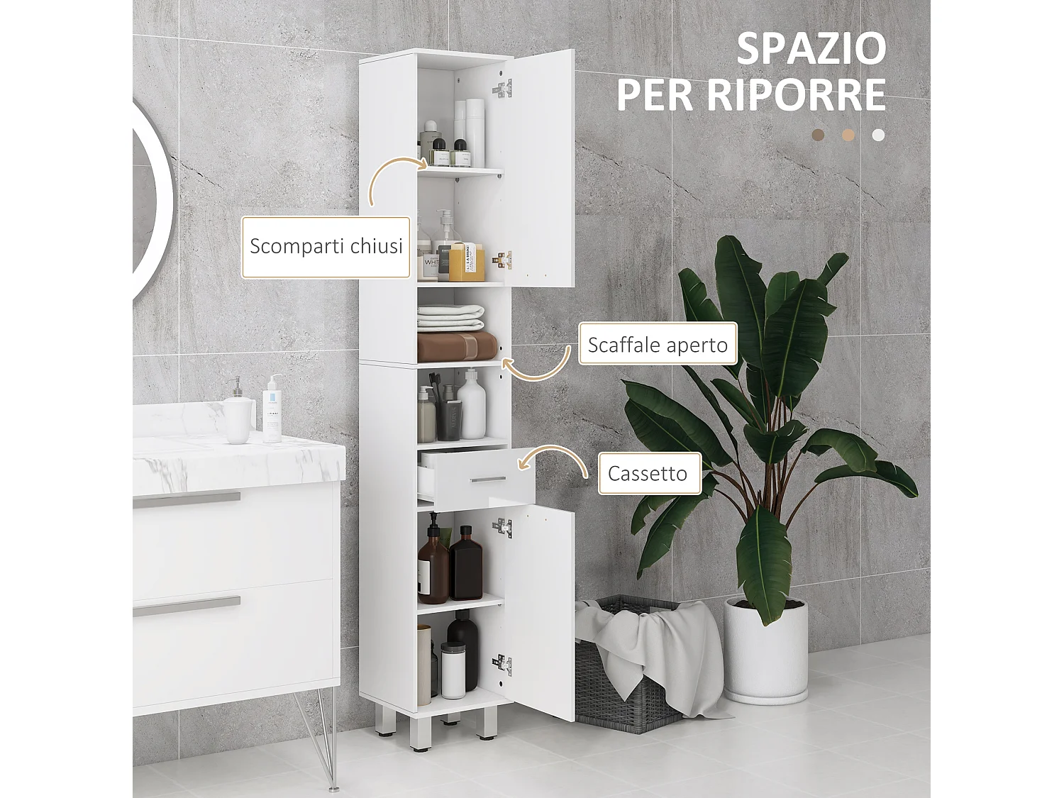 Mobile colonna bagno con cassetto, 2 ripiani e 2 armadietti bianco