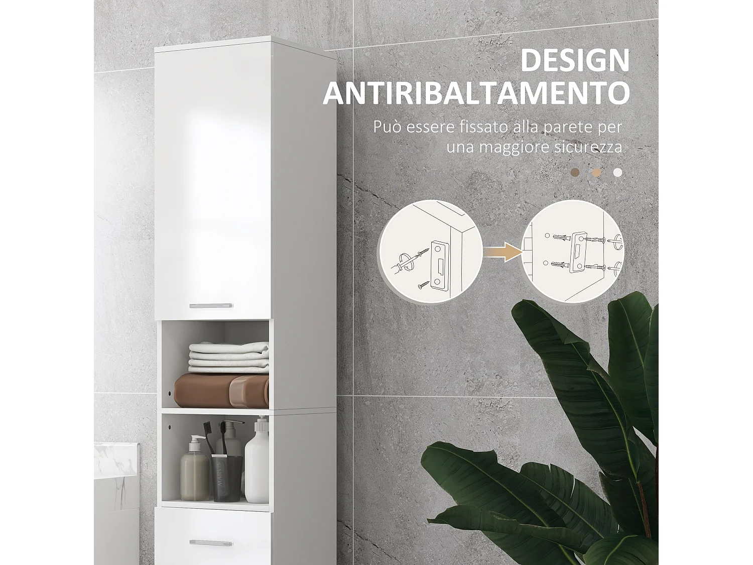 Mobile colonna bagno con cassetto, 2 ripiani e 2 armadietti bianco
