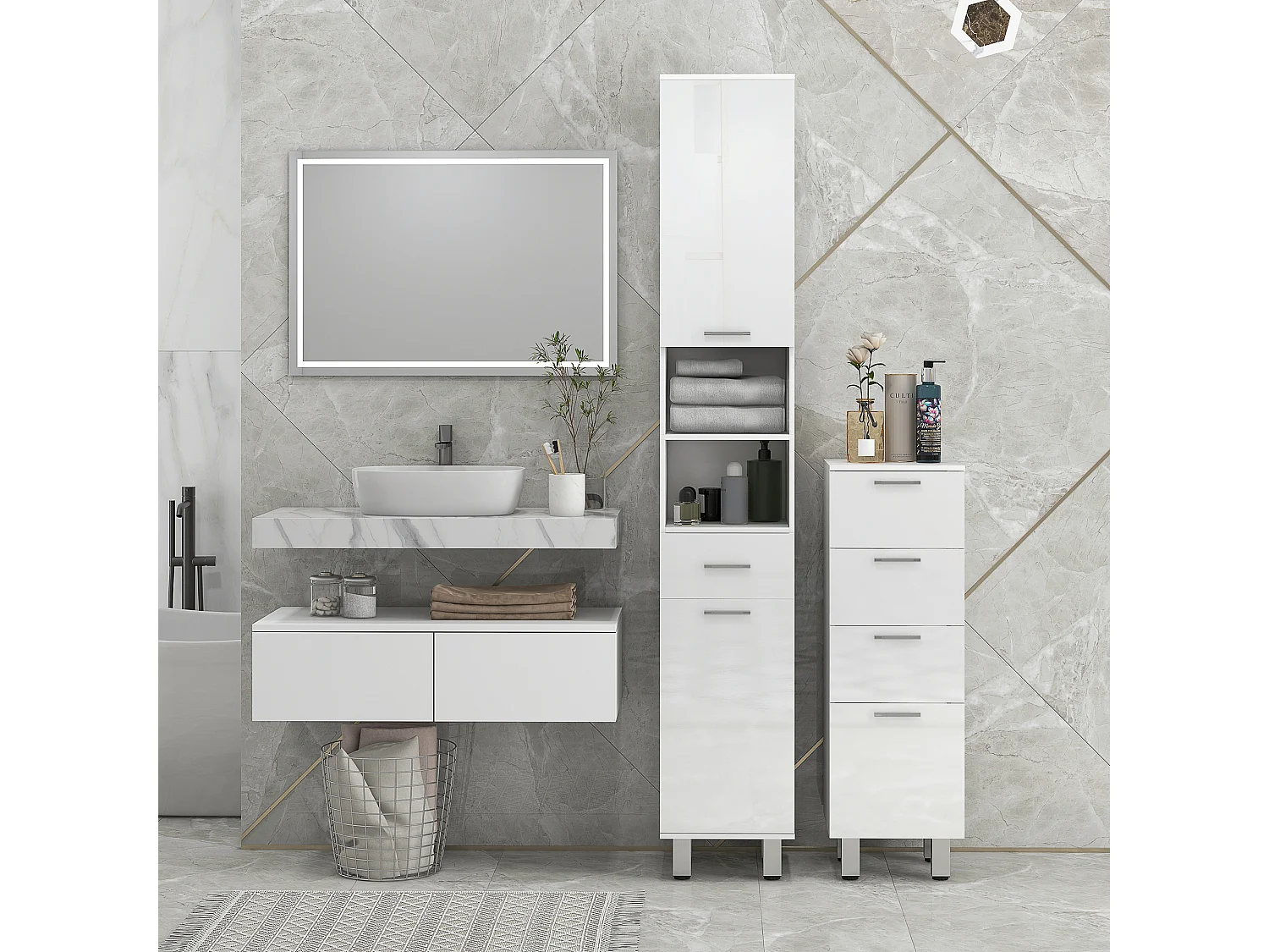 Mobile colonna bagno con cassetto, 2 ripiani e 2 armadietti bianco