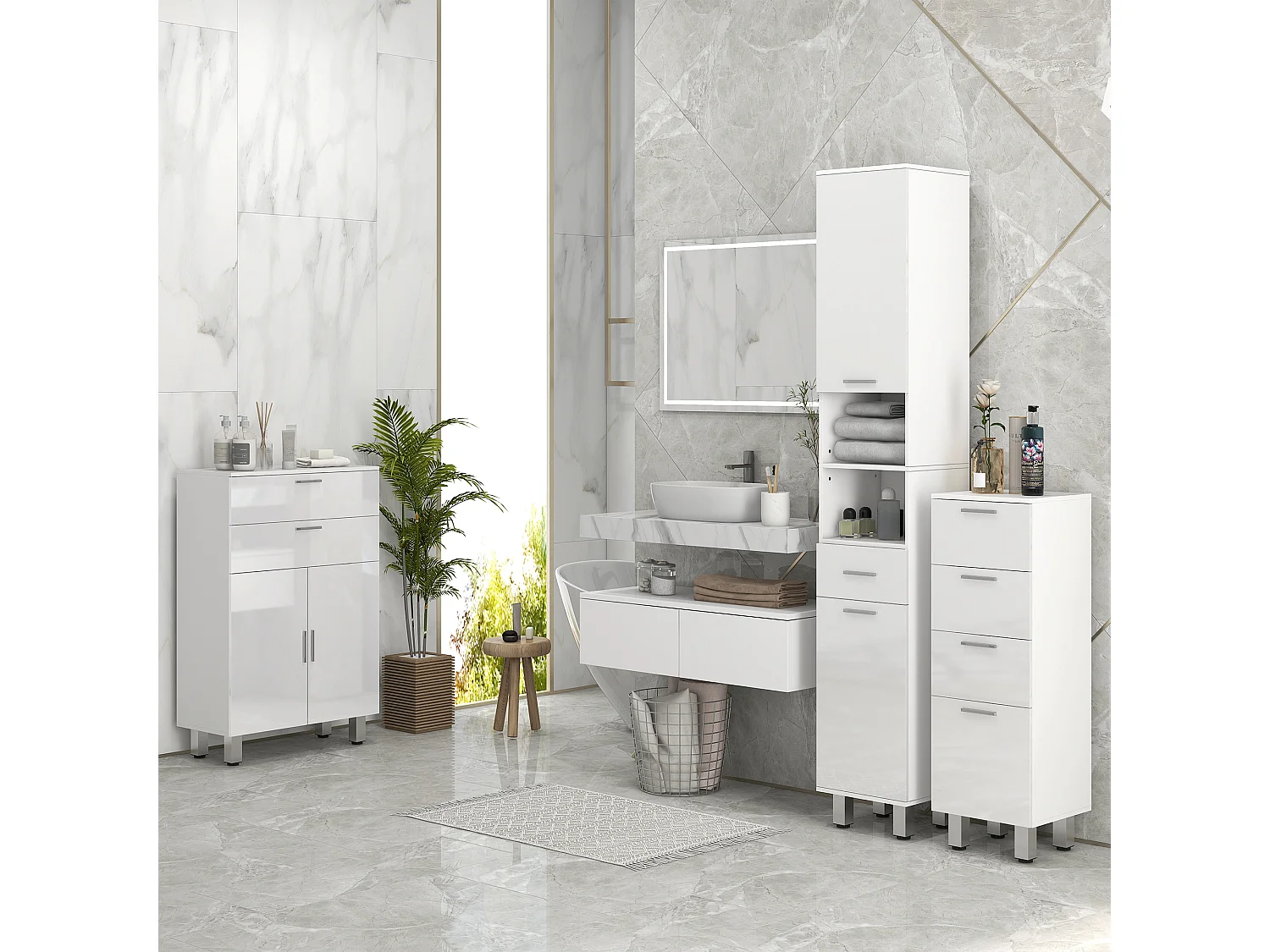 Mobile colonna bagno con cassetto, 2 ripiani e 2 armadietti bianco