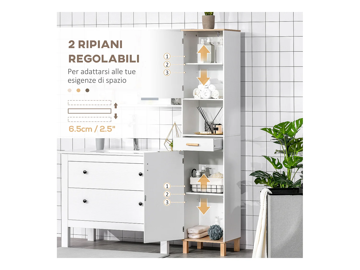 Mobile bagno a colonna salvaspazio in legno bianco