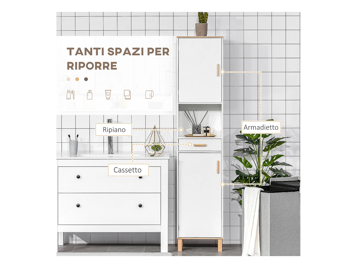 Mobile bagno a colonna salvaspazio in legno bianco