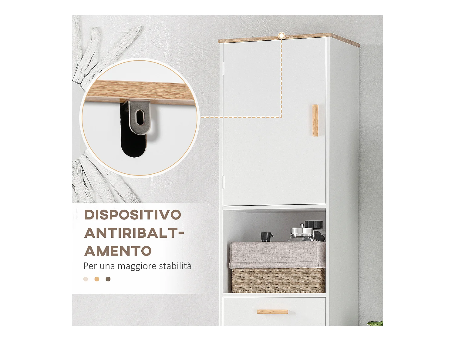 Mobile bagno a colonna salvaspazio in legno bianco