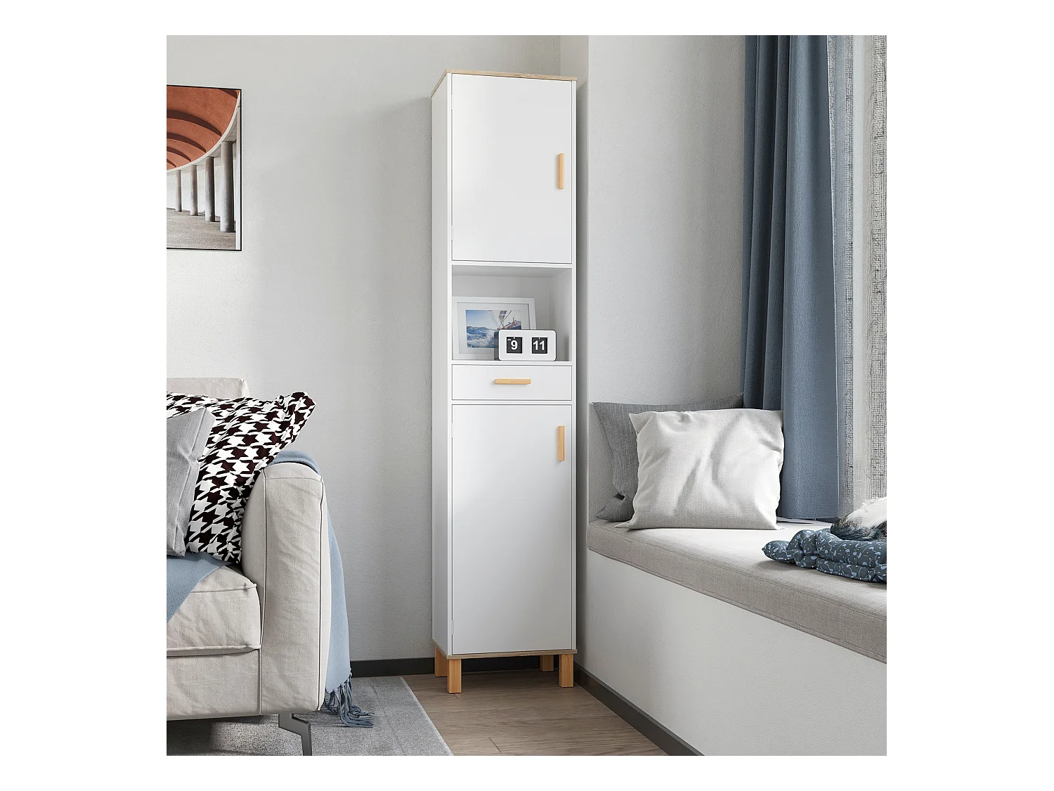 Mobile bagno a colonna salvaspazio in legno bianco