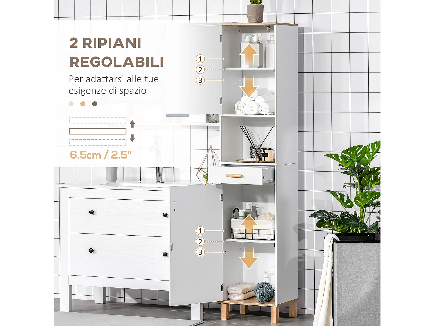 Mobile bagno a colonna salvaspazio in legno bianco