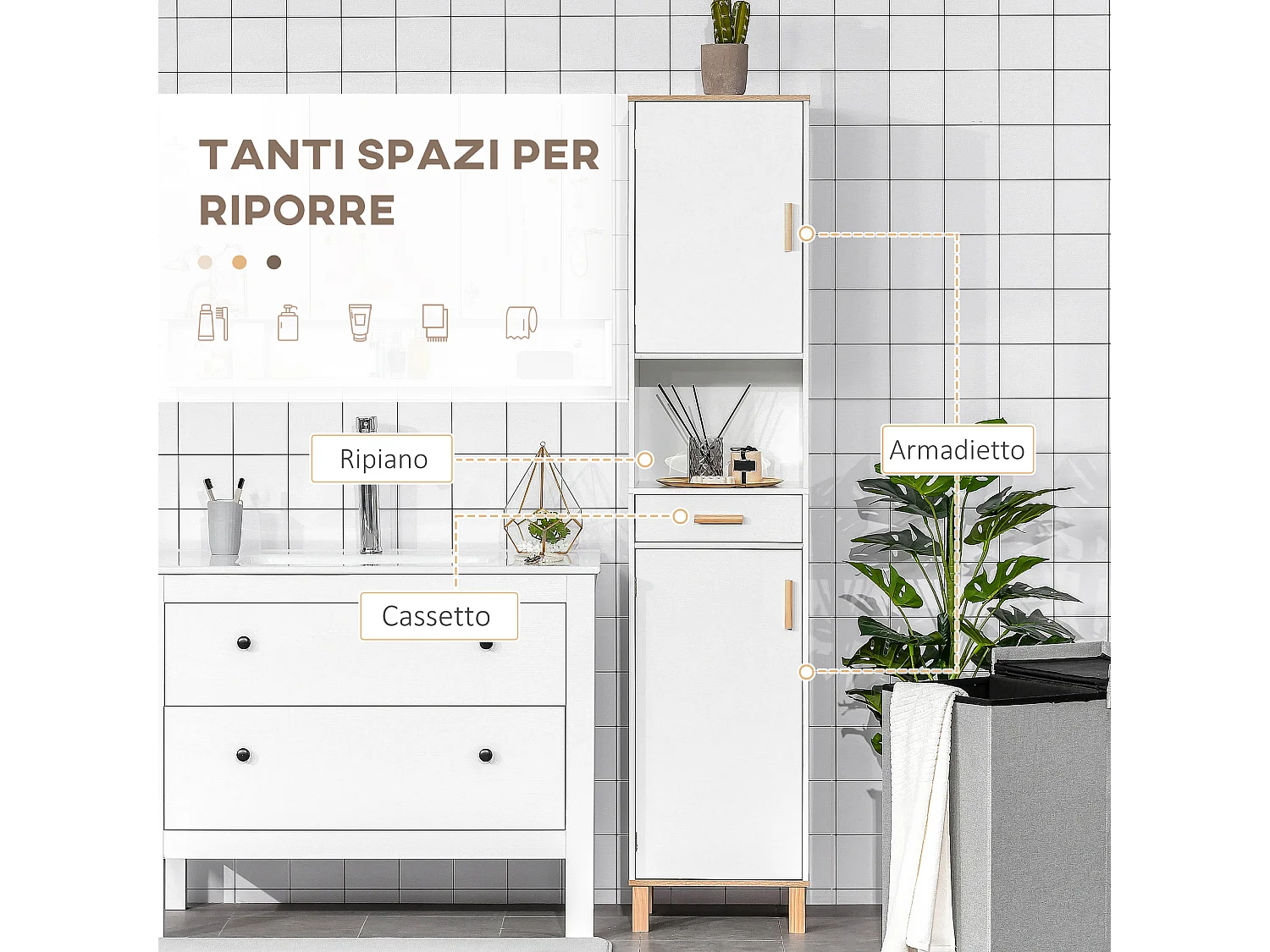 Mobile bagno a colonna salvaspazio in legno bianco