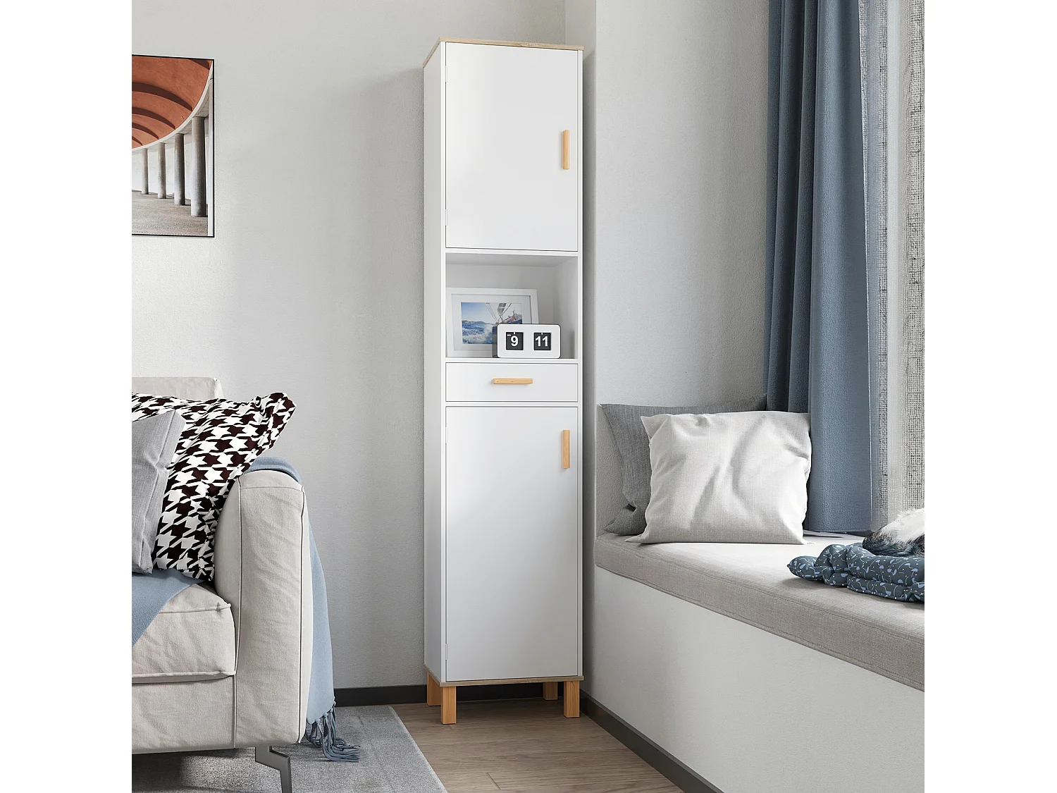 Mobile bagno a colonna salvaspazio in legno bianco