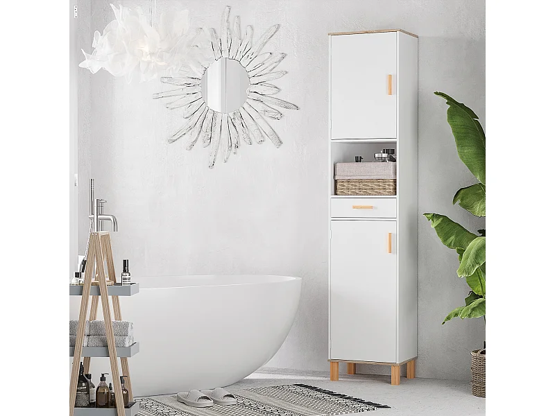 Mobile bagno a colonna salvaspazio in legno bianco