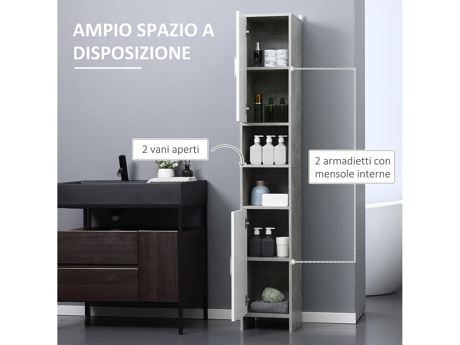 Colonna bagno 2 armadietti 2 vani aperti in legno 30x30x180cm