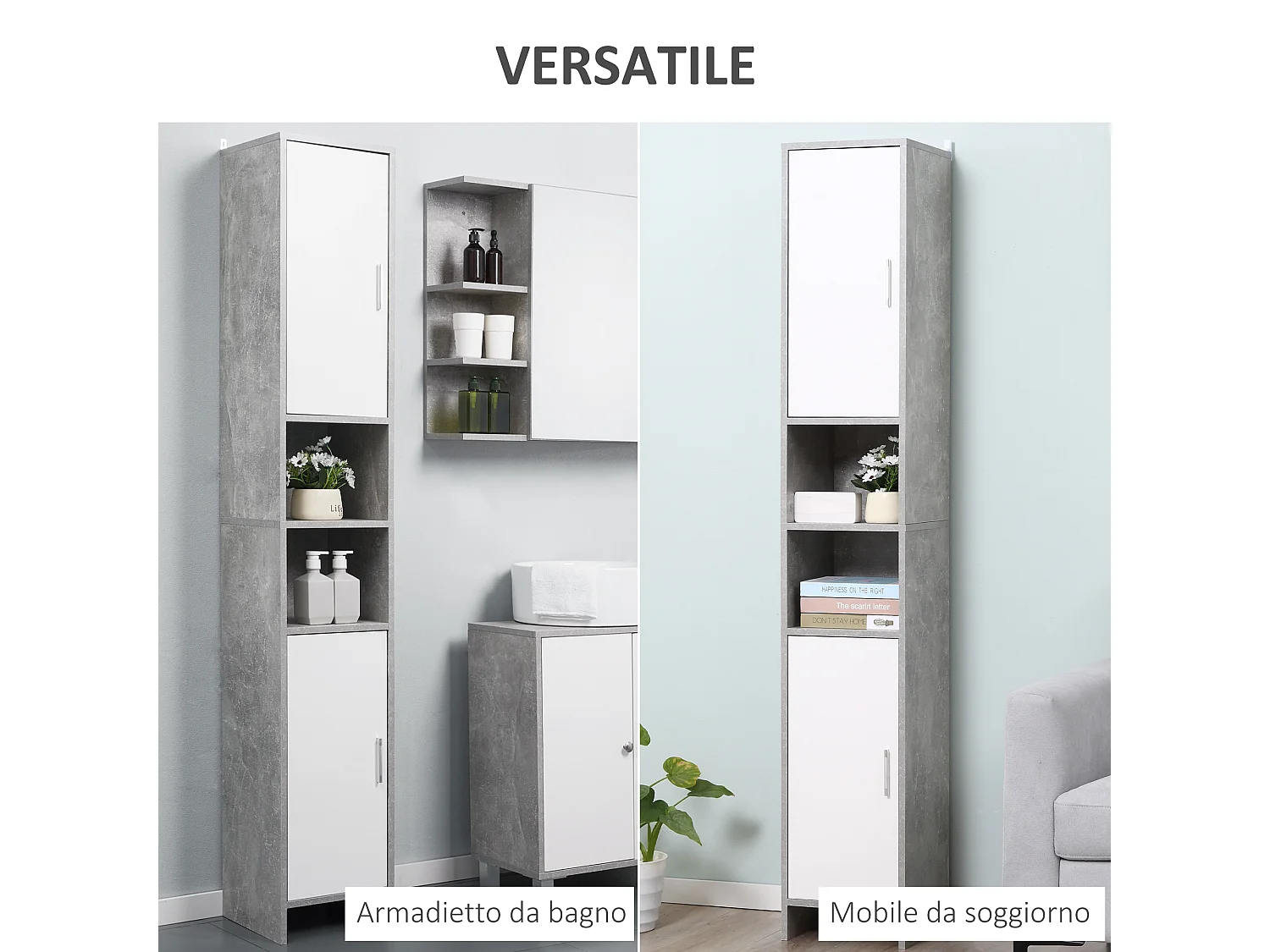 Colonna bagno 2 armadietti 2 vani aperti in legno 30x30x180cm