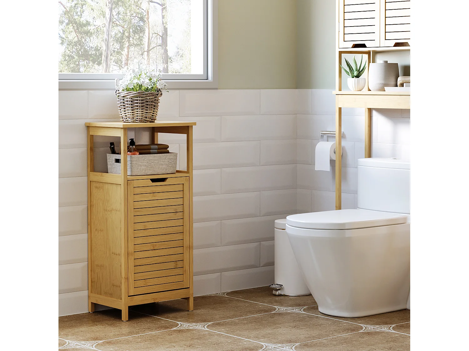 Mobiletto bagno con cesto multifunzione in mdf e bambù