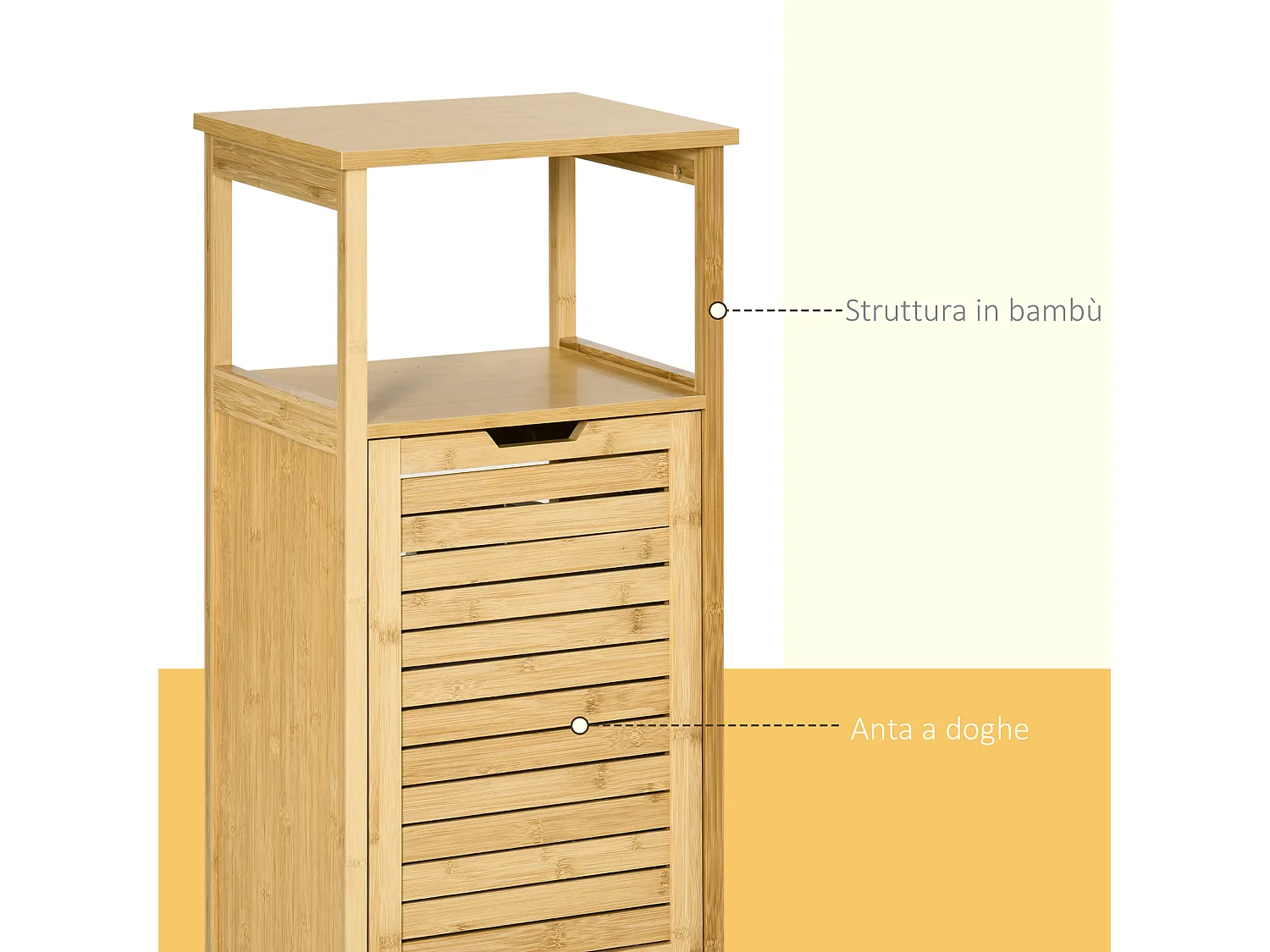 Mobiletto bagno con cesto multifunzione in mdf e bambù