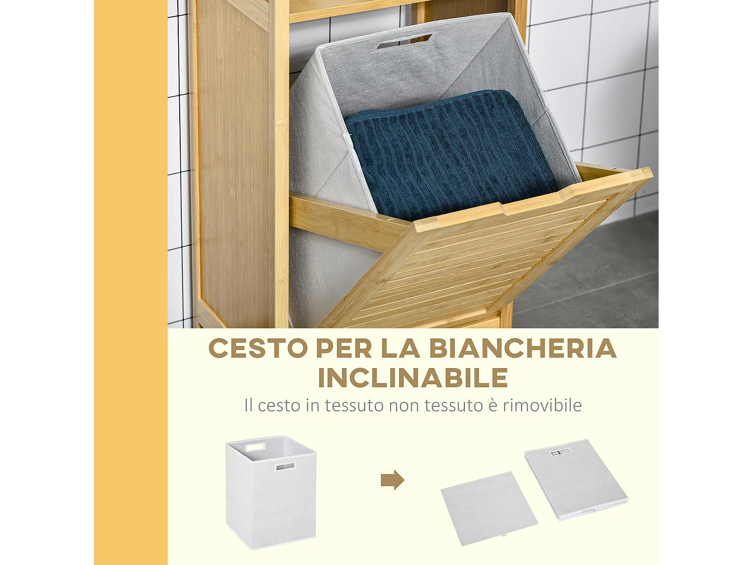 Mobiletto bagno con cesto multifunzione in mdf e bambù