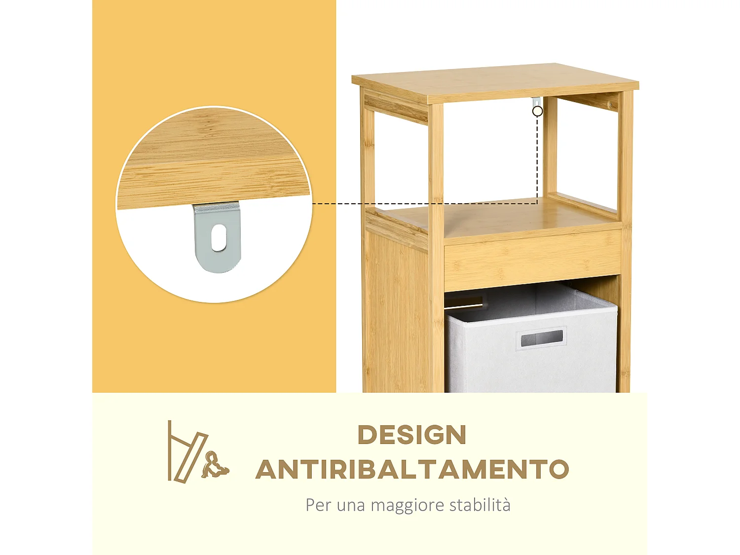 Mobiletto bagno con cesto multifunzione in mdf e bambù