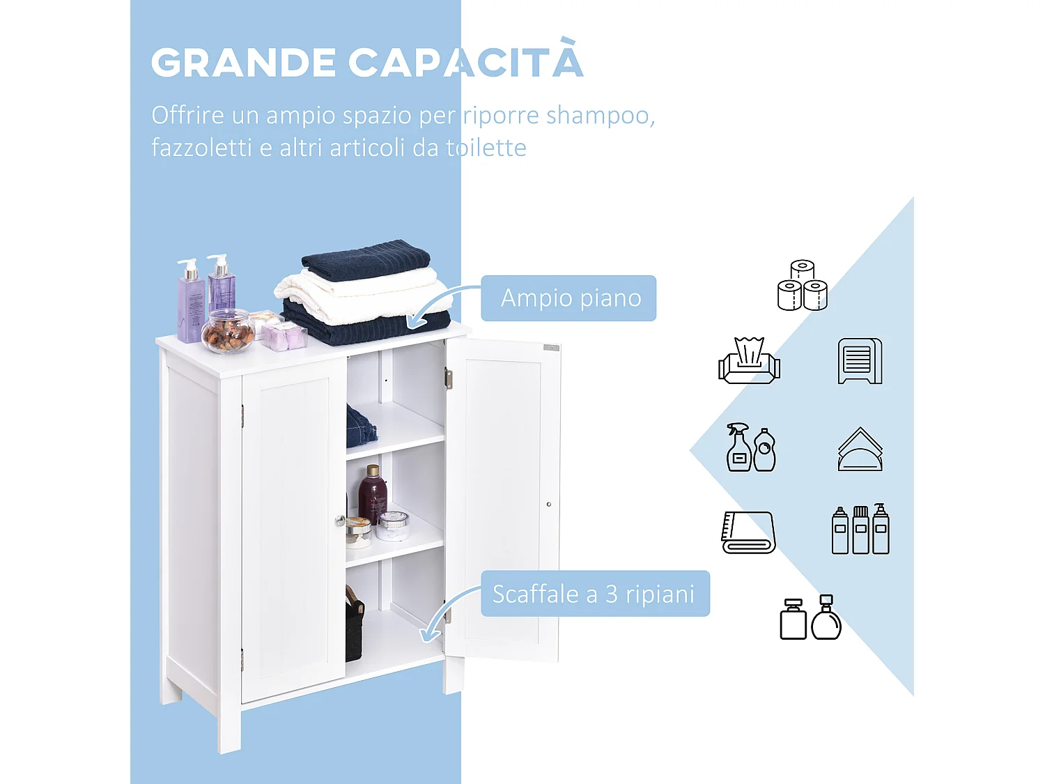 Mobiletto armadietto 2 ripiani 2 ante da bagno in mdf bianco