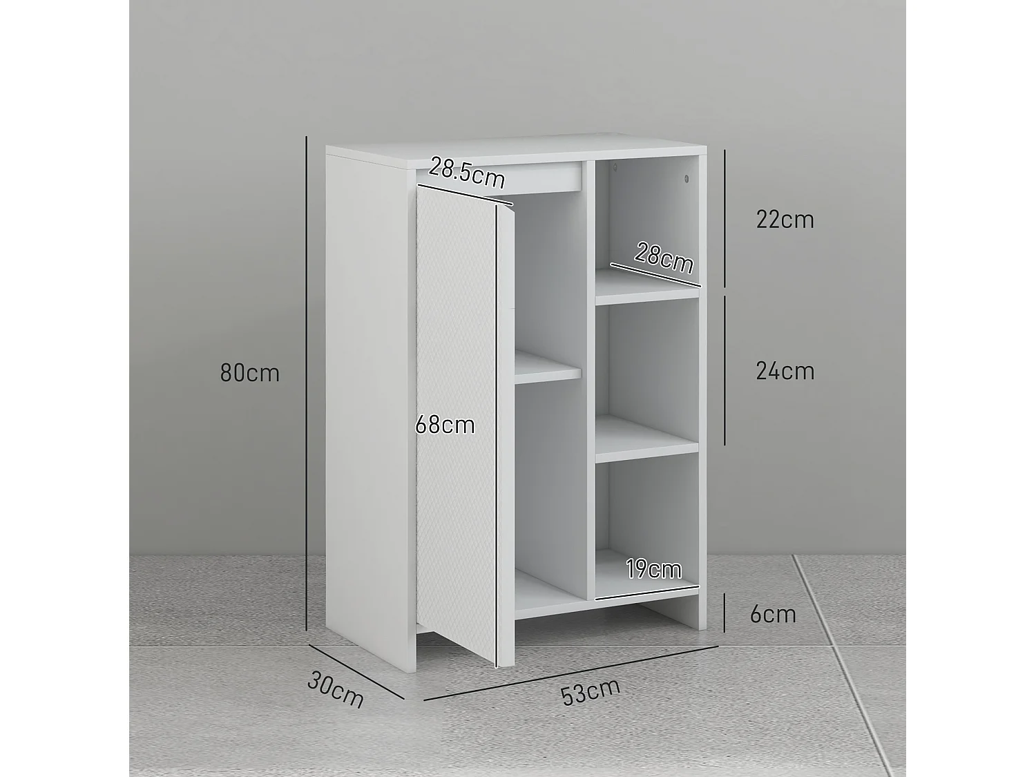 Mobile bagno con 3 ripiani aperti e armadietto a un'anta bianco