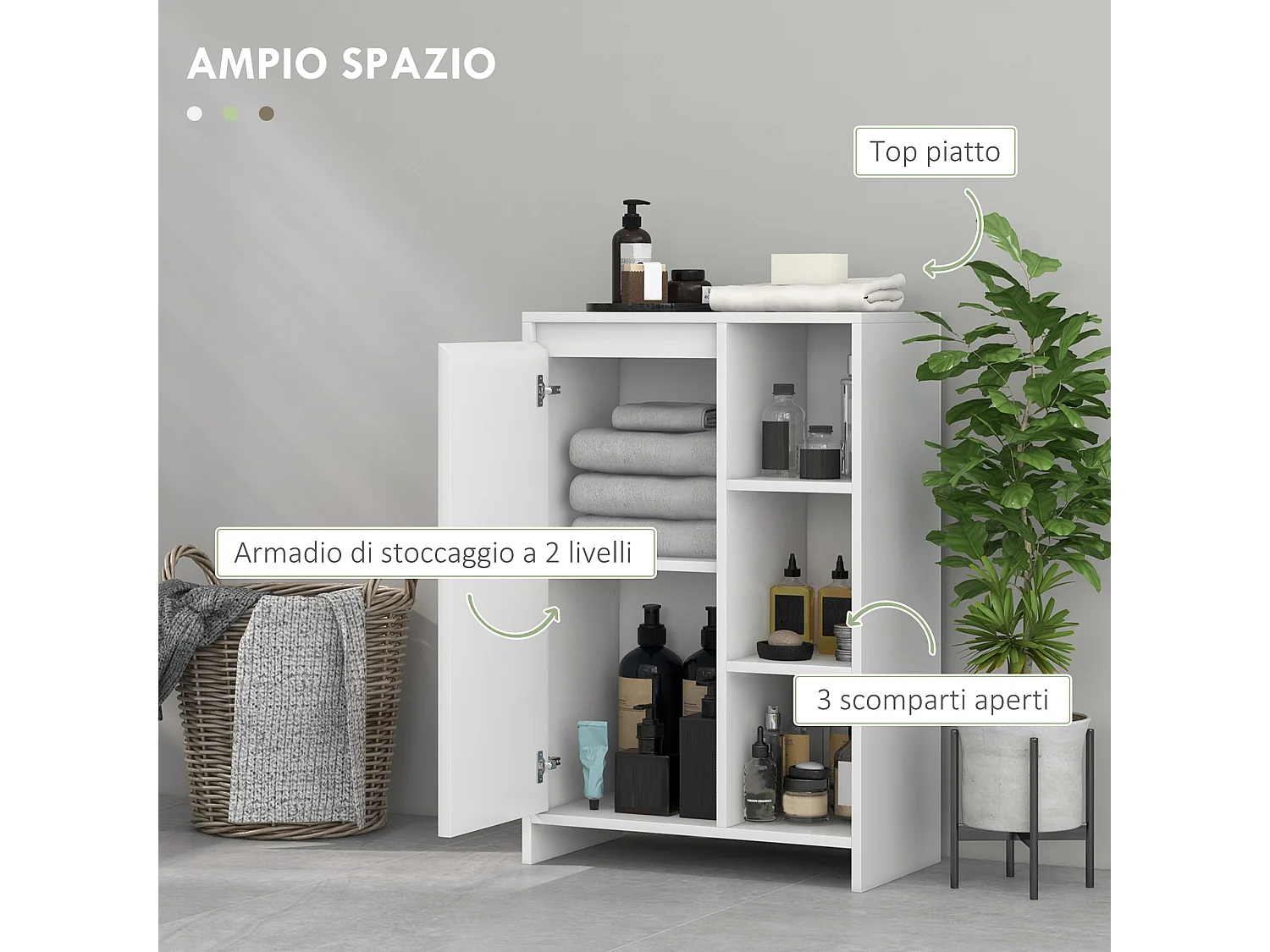 Mobile bagno con 3 ripiani aperti e armadietto a un'anta bianco