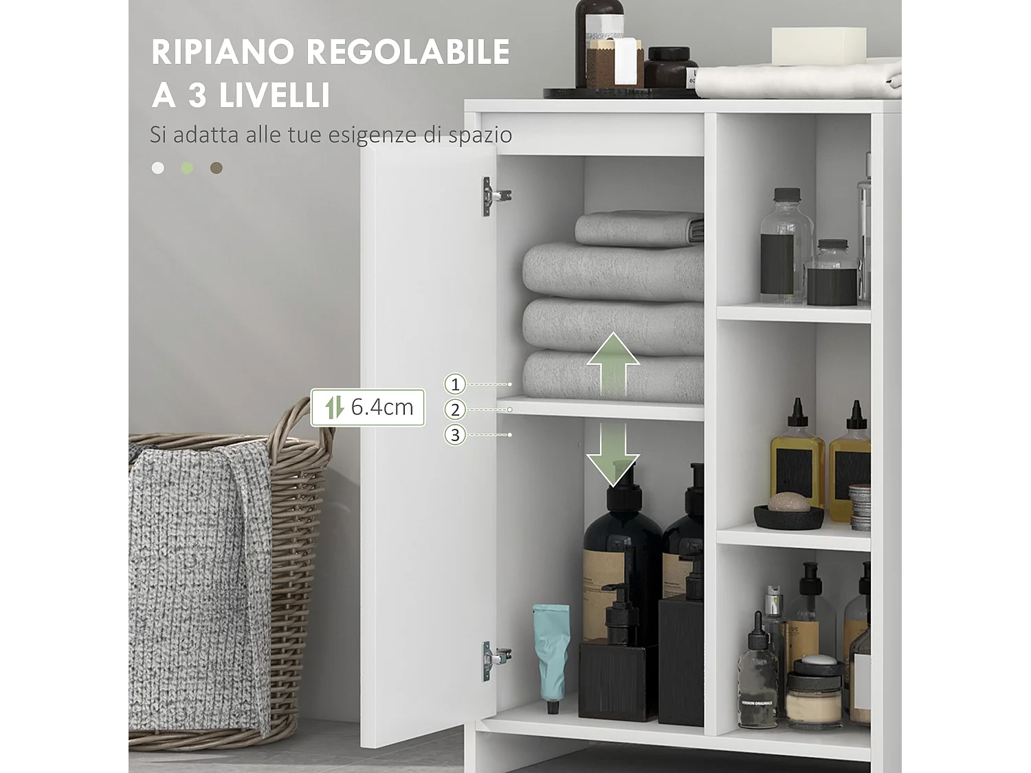 Mobile bagno con 3 ripiani aperti e armadietto a un'anta bianco