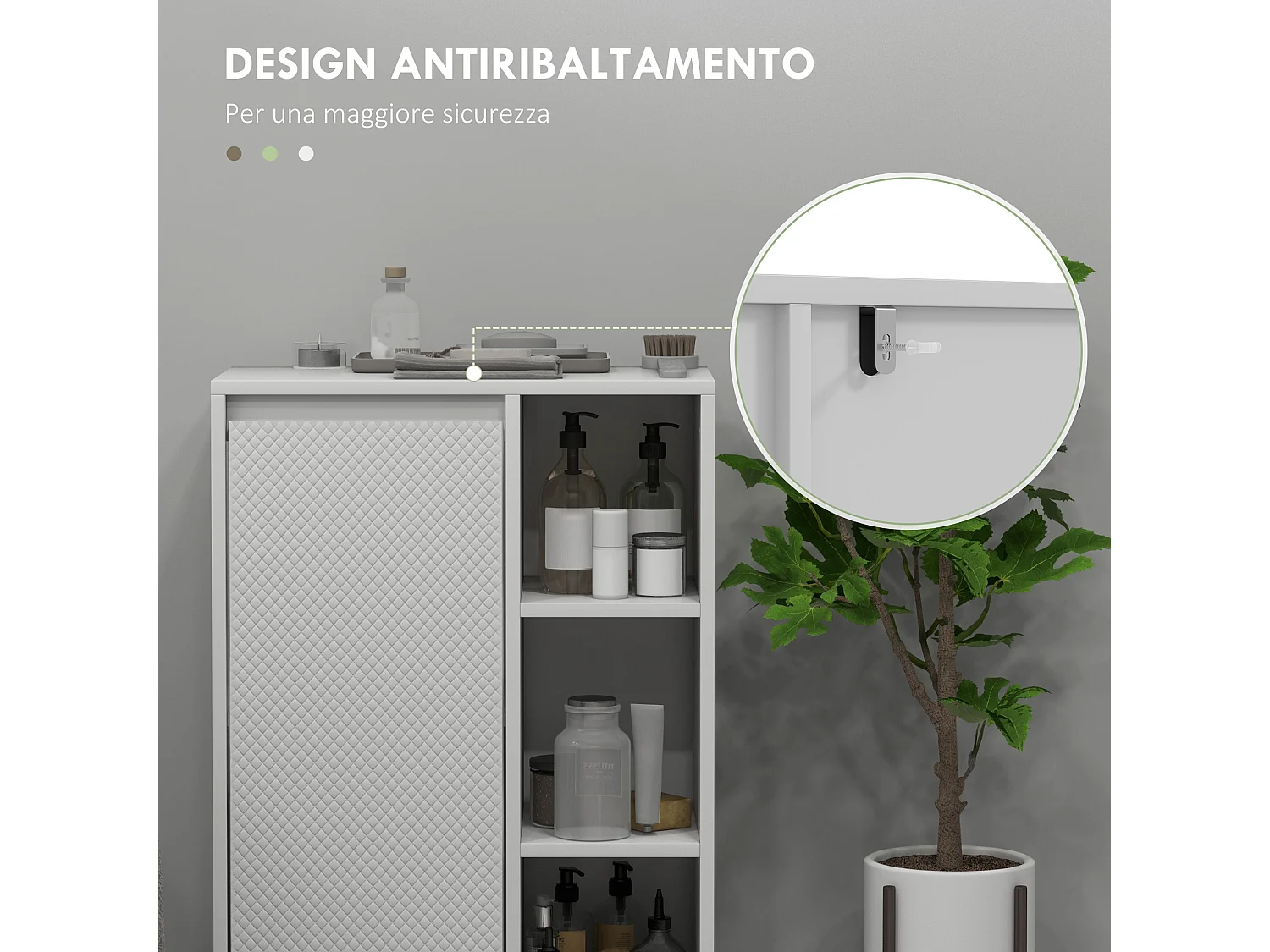 Mobile bagno con 3 ripiani aperti e armadietto a un'anta bianco