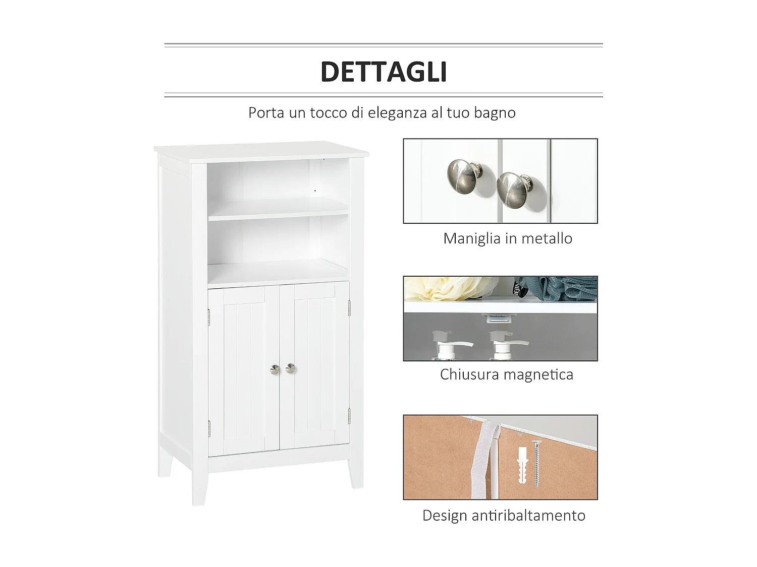 Mobile bagno con mensole regolabili e armadietto 2 ante legno