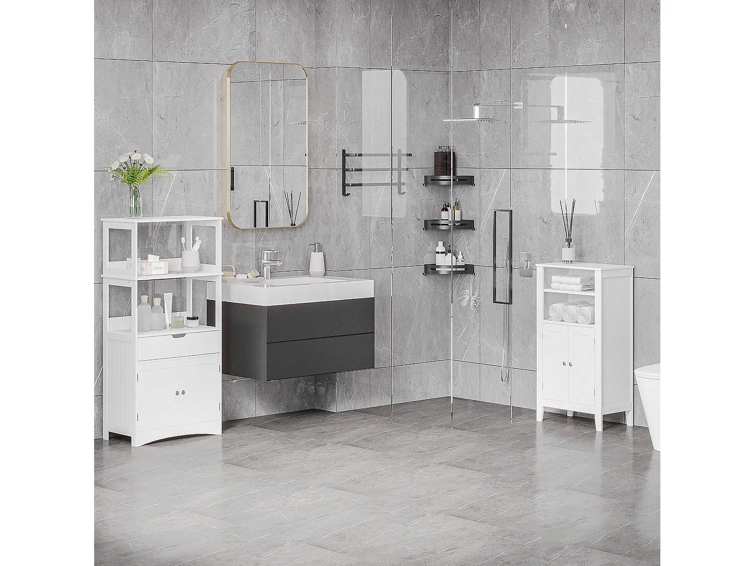 Mobile bagno con mensole regolabili e armadietto 2 ante legno