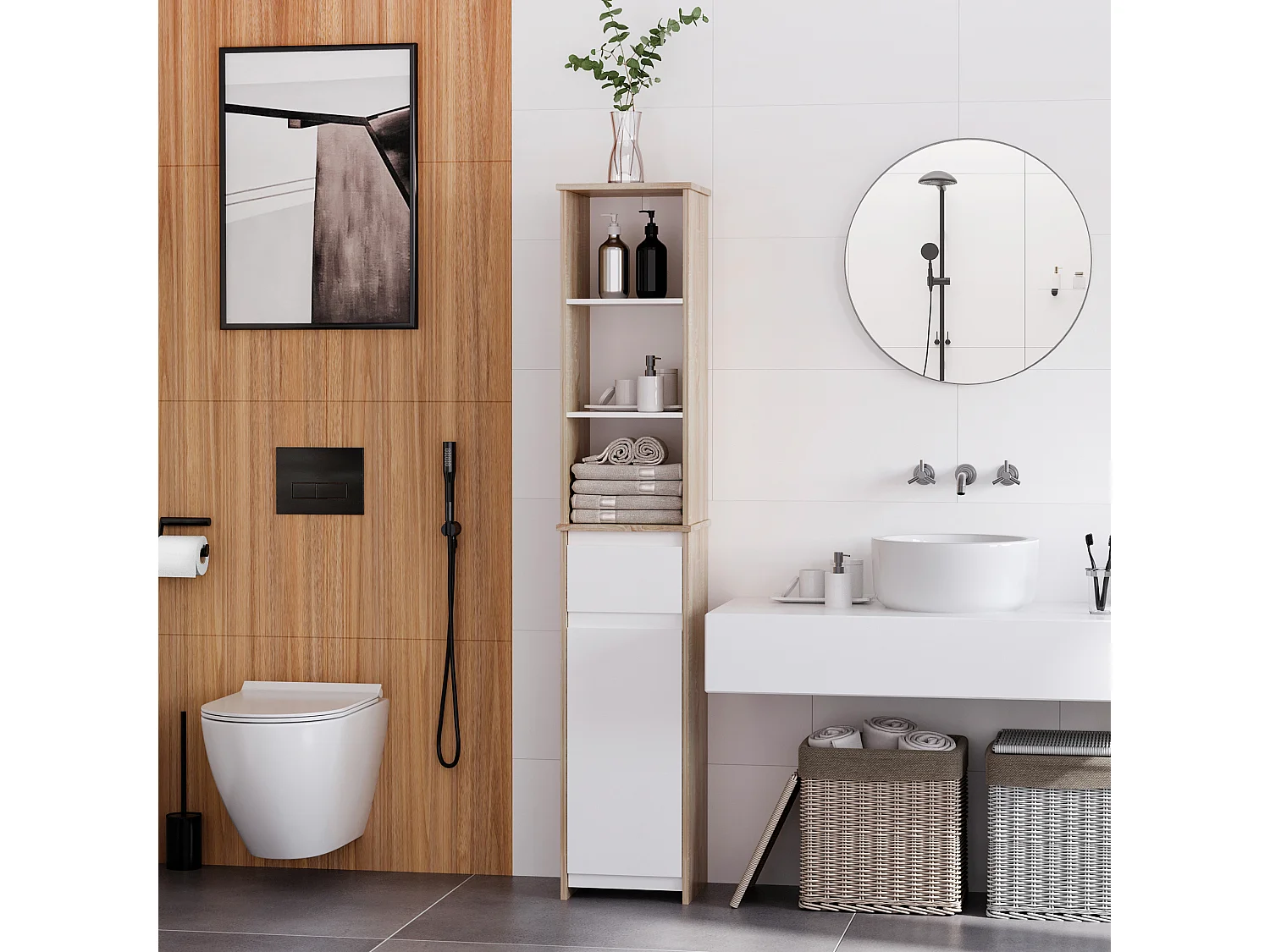 Scaffale bagno salvaspazio mobiletto a colonna legno bianco