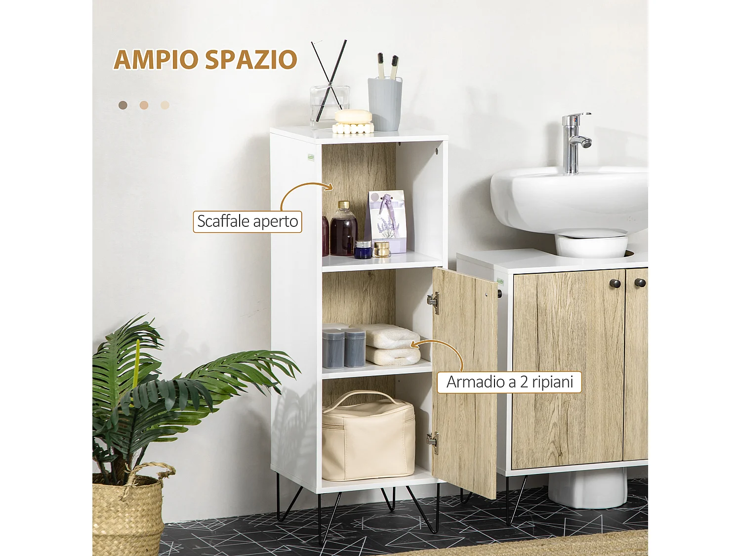 Mobiletto bagno in legno con ripiano e armadietto con anta