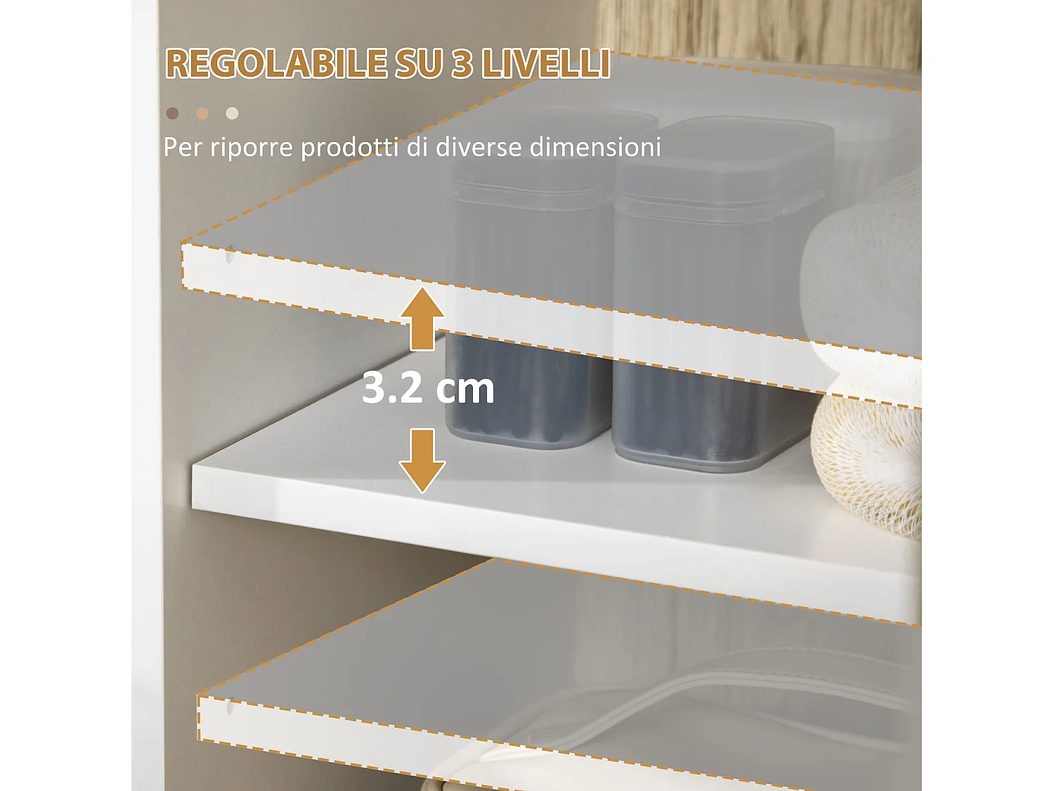 Mobiletto bagno in legno con ripiano e armadietto con anta